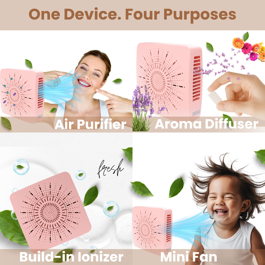 4-in-1 Portable Air Purifier with HEPA Filter, Aromatherapy Diffuser, Ionizer, Mini Fan – USB Desktop Air Cleaner for Home, Office, Baby, Pets and travel （Blush Pink）