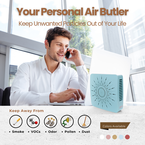 4-in-1 Portable Air Purifier with HEPA Filter, Aromatherapy Diffuser, Ionizer, Mini Fan – USB Desktop Air Cleaner for Home, Office, Baby, Pets and travel (Mist Blue)