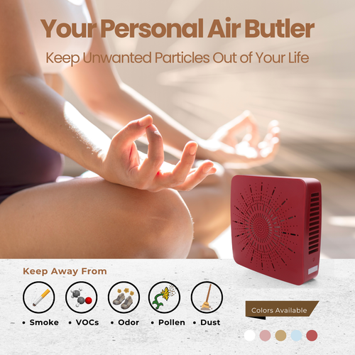 4-in-1 Portable Air Purifier with HEPA Filter, Aromatherapy Diffuser, Ionizer, Mini Fan – USB Desktop Air Cleaner for Home, Office, Baby, Pets and travel (Crimson Red)