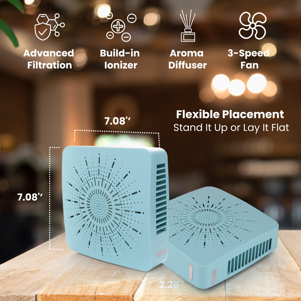 4-in-1 Portable Air Purifier with HEPA Filter, Aromatherapy Diffuser, Ionizer, Mini Fan – USB Desktop Air Cleaner for Home, Office, Baby, Pets and travel (Mist Blue)