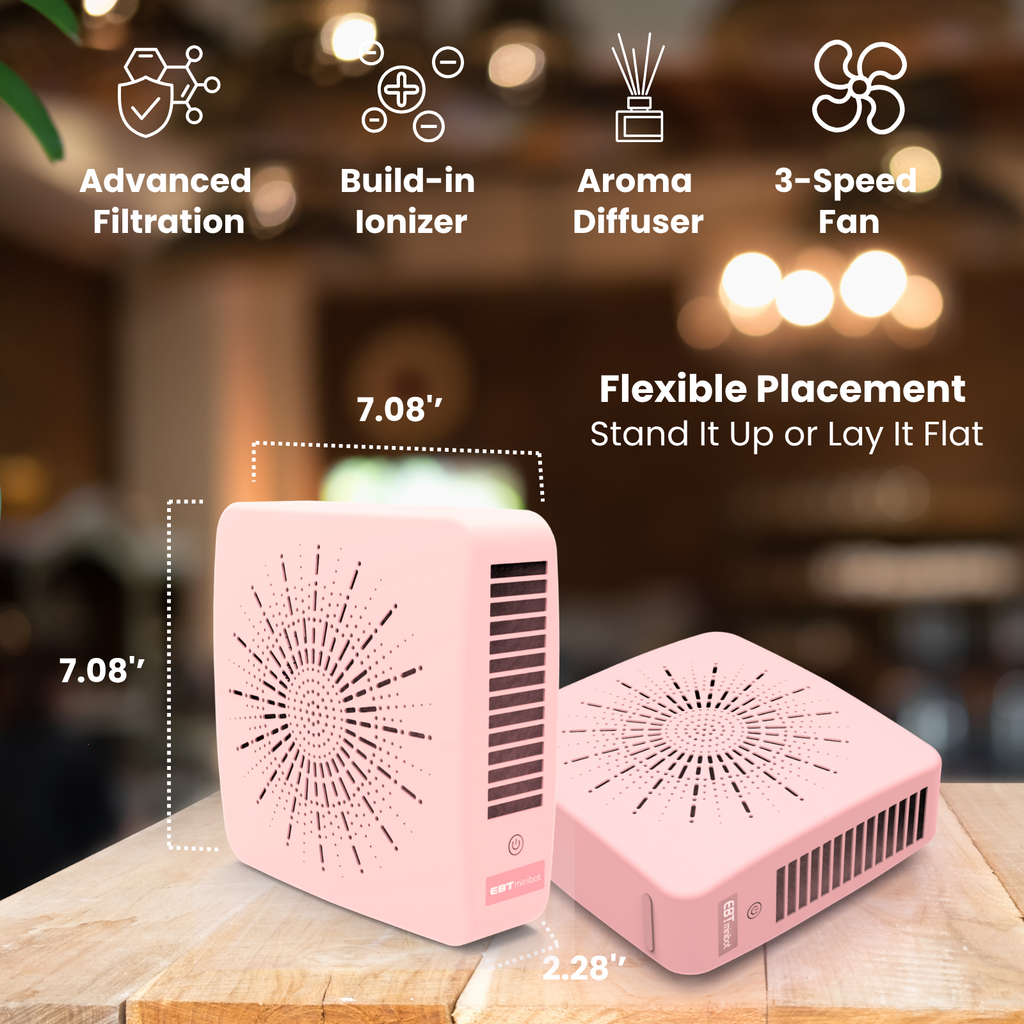 4-in-1 Portable Air Purifier with HEPA Filter, Aromatherapy Diffuser, Ionizer, Mini Fan – USB Desktop Air Cleaner for Home, Office, Baby, Pets and travel （Blush Pink）